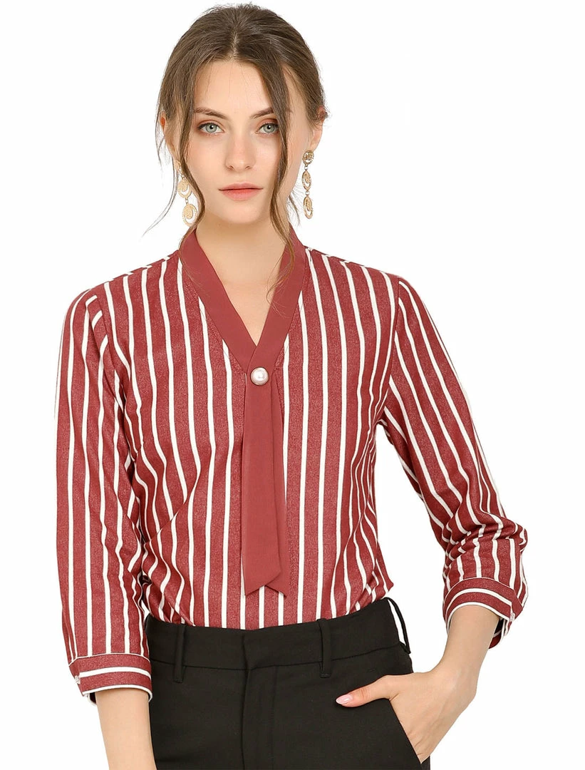 Allegra K Women's Stripe Tie V Neck 3/4 Sleeves Work Office Blouse Top 3 Allegra K Women's Stripe Tie V Neck 3/4 Sleeves Work Office Blouse Top