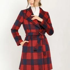 Allegra K Women's Shawl Collar Lapel Winter Belted Plaid Coat With Pockets
