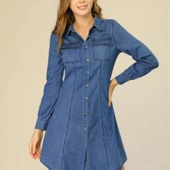 Allegra K Women's Bishop Sleeve Casual Chest Pocket Denim Shirt Dress
