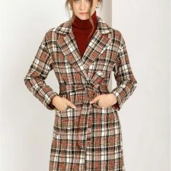 Allegra K Women's Plaid Cardigan Notch Lapel Open Front Trench Pea Coat Outerwear With Belt