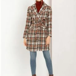 Allegra K Women's Plaid Cardigan Notch Lapel Open Front Trench Pea Coat Outerwear With Belt