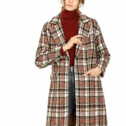 Allegra K Women's Plaid Cardigan Notch Lapel Open Front Trench Pea Coat Outerwear With Belt