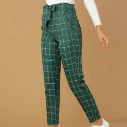 Allegra K Women's Plaid Self Tie Belt Elastic Waistband Straight High Waist Pants