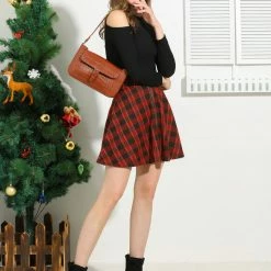 Allegra K Women's Tartan Plaid Zip Up High Waist A-Line Skater Skirt