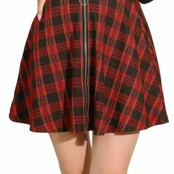 Allegra K Women's Tartan Plaid Zip Up High Waist A-Line Skater Skirt