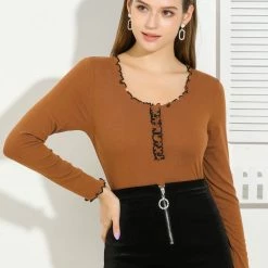 Allegra K Women's Casual Ruffle Contrast Stitch Square Neck Long Sleeve Bodycon Top Shirt