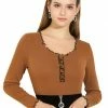 Allegra K Women's Casual Ruffle Contrast Stitch Square Neck Long Sleeve Bodycon Top Shirt