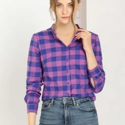 Allegra K Women's Long Sleeve Stand Collar Cotton Blouse Plaid Shirt