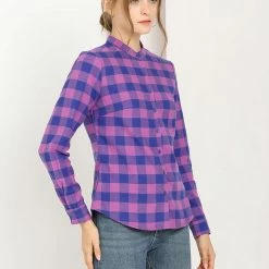 Allegra K Women's Long Sleeve Stand Collar Cotton Blouse Plaid Shirt