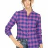 Allegra K Women's Long Sleeve Stand Collar Cotton Blouse Plaid Shirt