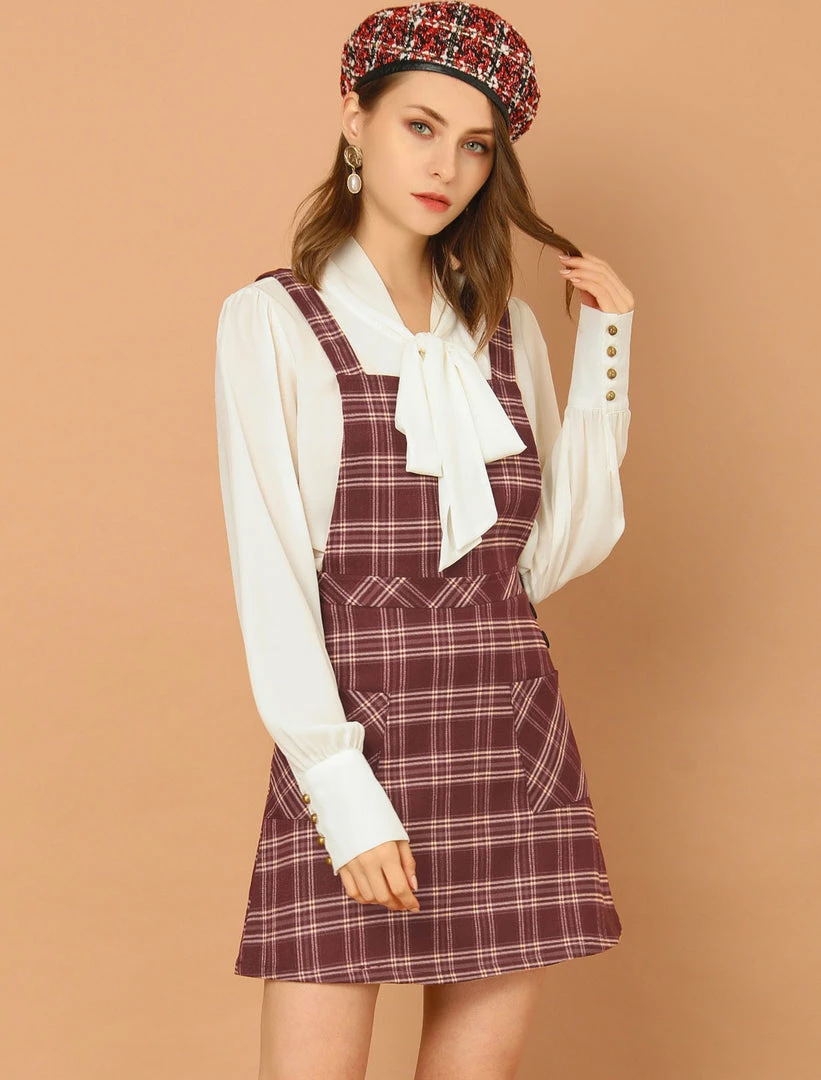 Allegra K Women's Plaid Tartan Button Decor A-Line Pinafore Overall Dress 4 Allegra K Women's Plaid Tartan Button Decor A-Line Pinafore Overall Dress