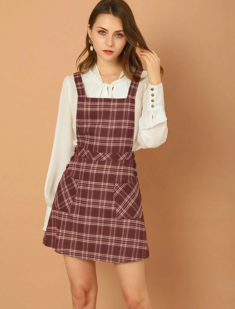 Allegra K Women's Plaid Tartan Button Decor A-Line Pinafore Overall Dress 5 Allegra K Women's Plaid Tartan Button Decor A-Line Pinafore Overall Dress