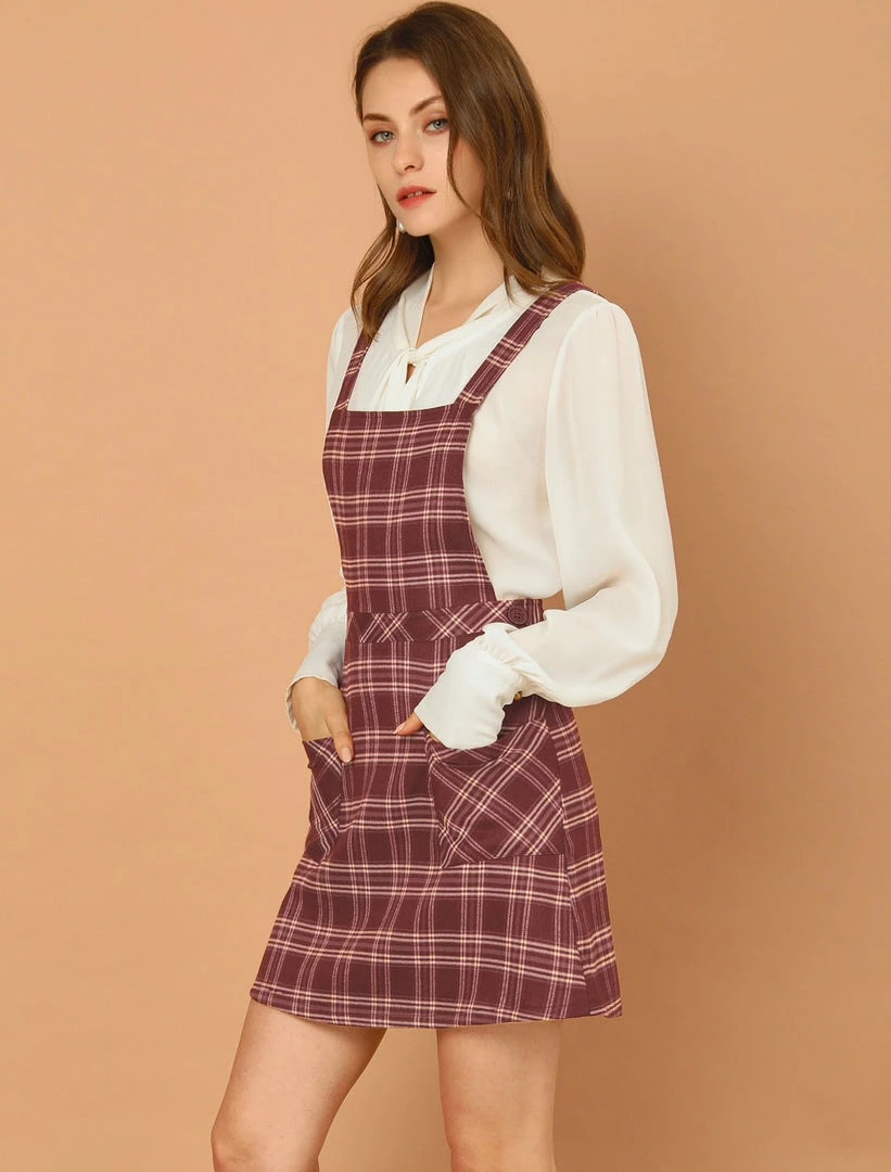 Allegra K Women's Plaid Tartan Button Decor A-Line Pinafore Overall Dress 6 Allegra K Women's Plaid Tartan Button Decor A-Line Pinafore Overall Dress