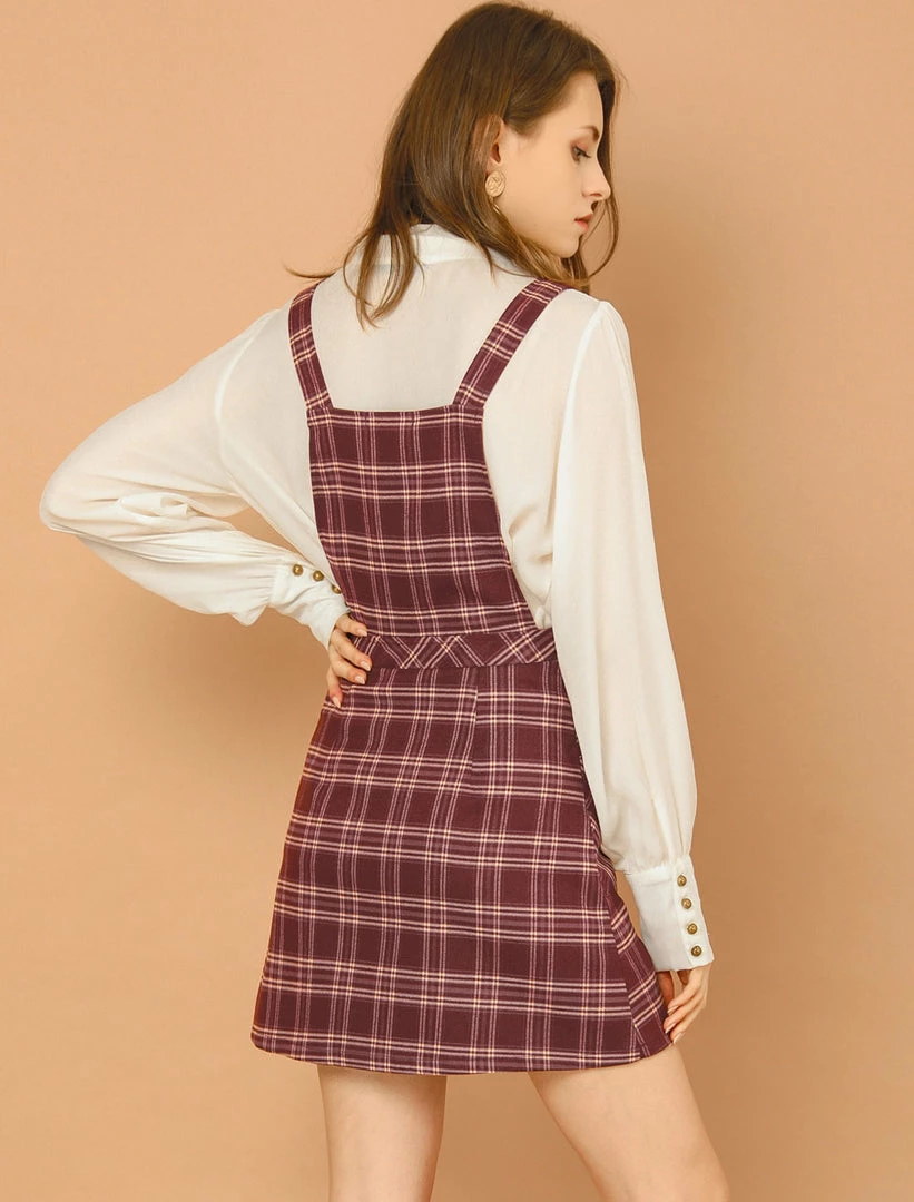 Allegra K Women's Plaid Tartan Button Decor A-Line Pinafore Overall Dress 7 Allegra K Women's Plaid Tartan Button Decor A-Line Pinafore Overall Dress