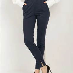 Allegra K Women's Work Solid Pintuck Straight High Waist Slit Hem Pants