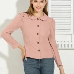 Allegra K Women's Puff Sleeve Peter Pan Collar Solid Casual Jacket