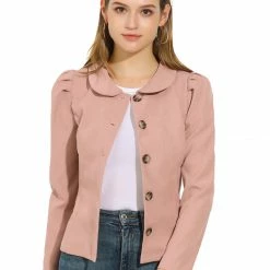 Allegra K Women's Puff Sleeve Peter Pan Collar Solid Casual Jacket