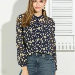 Allegra K Women's Casual Button Down Shirt Ruffle Long Sleeve Floral Print Chiffon Blouse