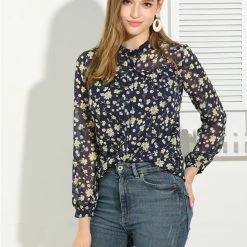 Allegra K Women's Casual Button Down Shirt Ruffle Long Sleeve Floral Print Chiffon Blouse