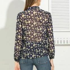 Allegra K Women's Casual Button Down Shirt Ruffle Long Sleeve Floral Print Chiffon Blouse