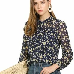 Allegra K Women's Casual Button Down Shirt Ruffle Long Sleeve Floral Print Chiffon Blouse