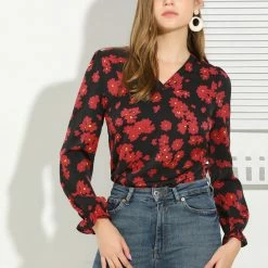 Allegra K Women's V Neck Ruffled Long Sleeve Daisy Floral Print Blouse