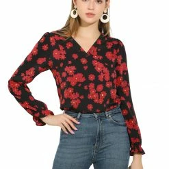 Allegra K Women's V Neck Ruffled Long Sleeve Daisy Floral Print Blouse
