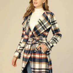 Allegra K Women's Shawl Collar Belted Asymmetrical Hem Plaid Coat