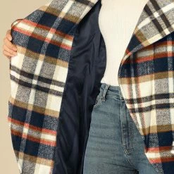 Allegra K Women's Shawl Collar Belted Asymmetrical Hem Plaid Coat