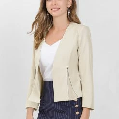 Allegra K Women's Work Office Open Front Zipper Collarless Cropped Blazer
