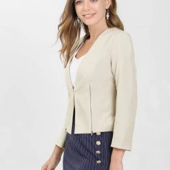 Allegra K Women's Work Office Open Front Zipper Collarless Cropped Blazer 53 Allegra K Women's Work Office Open Front Zipper Collarless Cropped Blazer