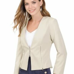 Allegra K Women's Work Office Open Front Zipper Collarless Cropped Blazer