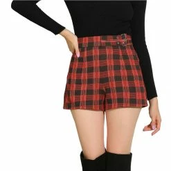 Allegra K Women's Elastic High Waisted Zipper Casual Plaid Shorts