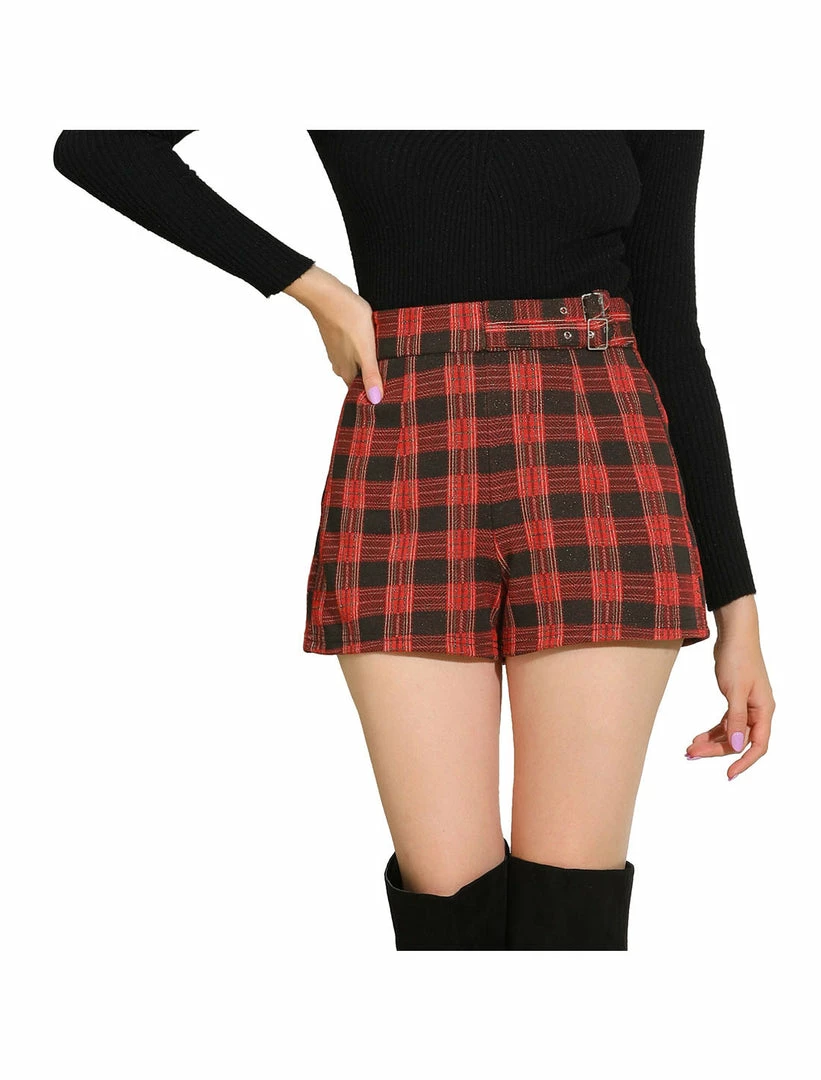 Allegra K Women's Elastic High Waisted Zipper Casual Plaid Shorts 3 Allegra K Women's Elastic High Waisted Zipper Casual Plaid Shorts