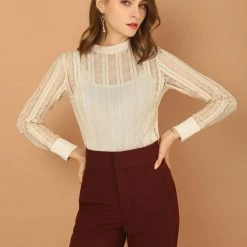 Allegra K Women's Lace Top Blouse Long Sleeve Stand Collar Floral Vintage Shirt