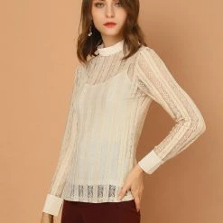 Allegra K Women's Lace Top Blouse Long Sleeve Stand Collar Floral Vintage Shirt