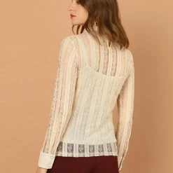 Allegra K Women's Lace Top Blouse Long Sleeve Stand Collar Floral Vintage Shirt