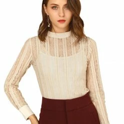 Allegra K Women's Lace Top Blouse Long Sleeve Stand Collar Floral Vintage Shirt