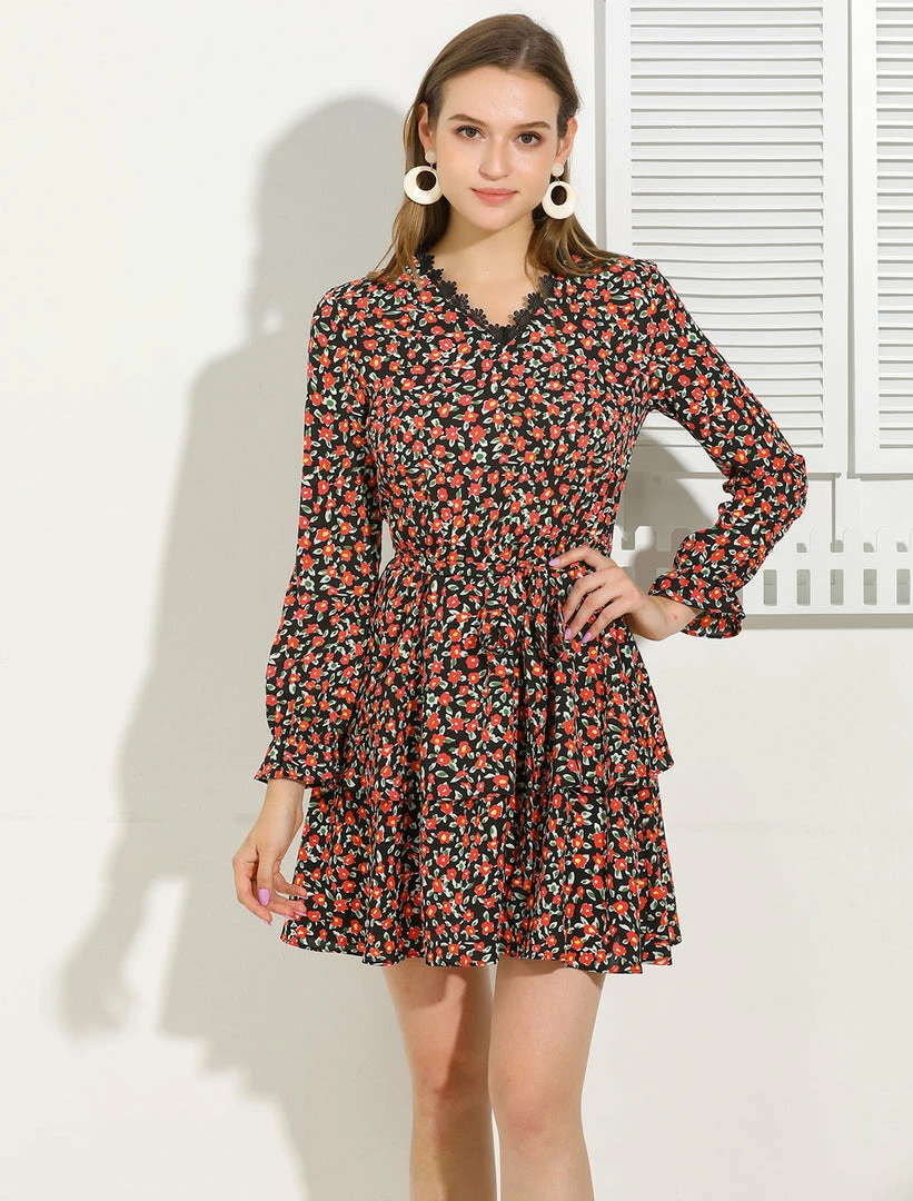 Allegra K Women's Lace V Neck Long Sleeve Belted Swing Floral Tiered Dress 5 Allegra K Women's Lace V Neck Long Sleeve Belted Swing Floral Tiered Dress