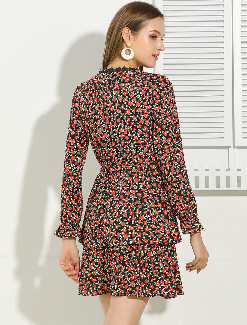 Allegra K Women's Lace V Neck Long Sleeve Belted Swing Floral Tiered Dress 7 Allegra K Women's Lace V Neck Long Sleeve Belted Swing Floral Tiered Dress