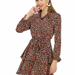 Allegra K Women's Lace V Neck Long Sleeve Belted Swing Floral Tiered Dress