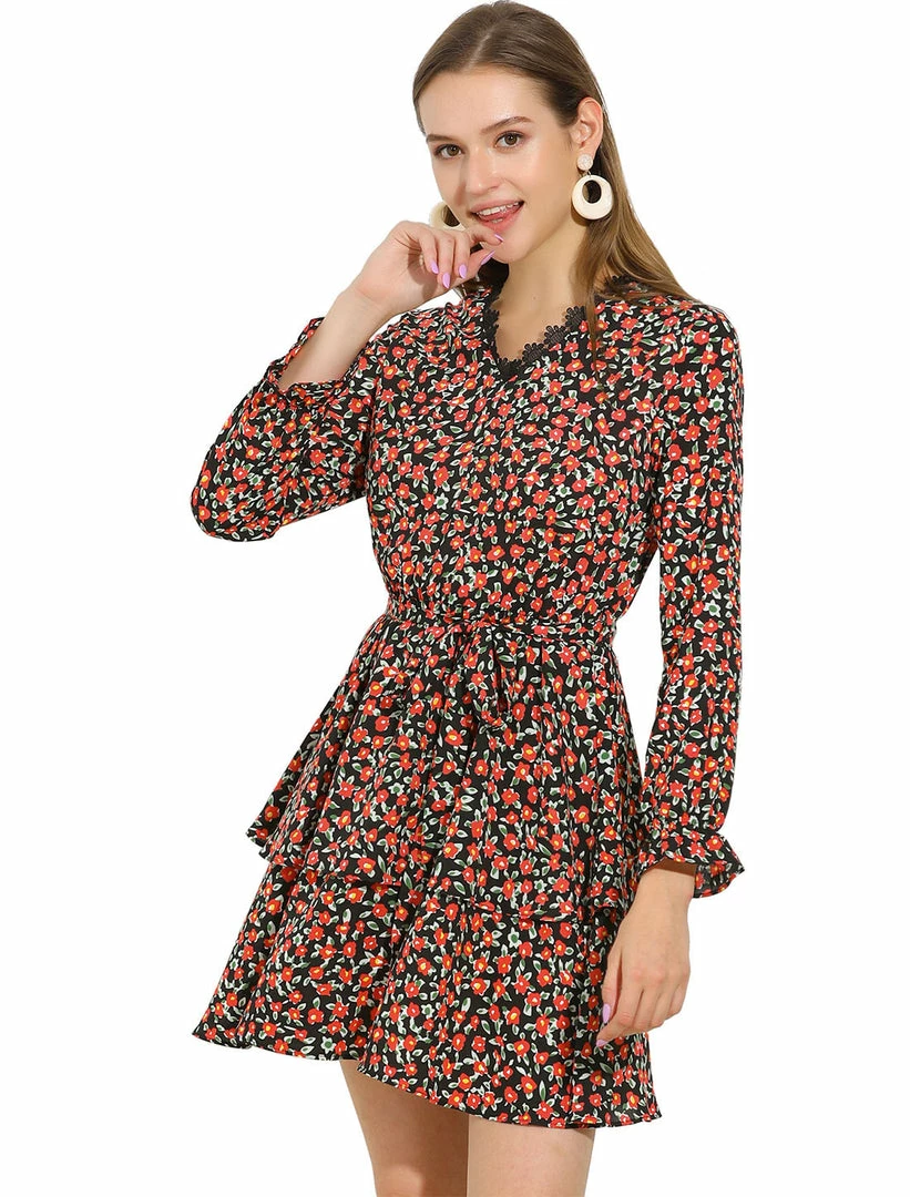 Allegra K Women's Lace V Neck Long Sleeve Belted Swing Floral Tiered Dress 3 Allegra K Women's Lace V Neck Long Sleeve Belted Swing Floral Tiered Dress