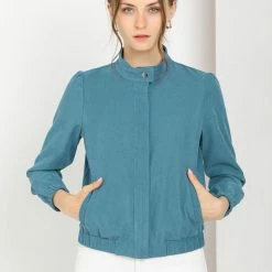 Allegra K Women's Faux Suede Stand Collar Concealed Placket Pockets Short Bomber Jacket