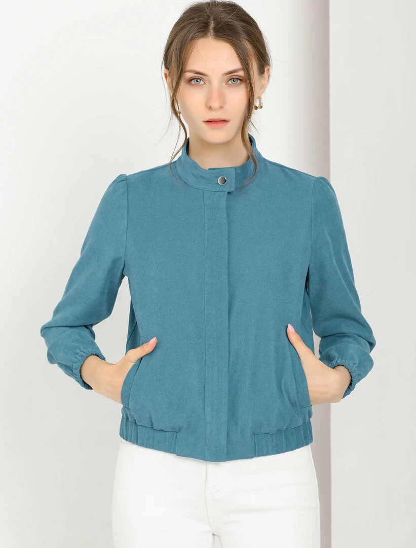 Allegra K Women's Faux Suede Stand Collar Concealed Placket Pockets Short Bomber Jacket 4 Allegra K Women's Faux Suede Stand Collar Concealed Placket Pockets Short Bomber Jacket