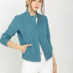 Allegra K Women's Faux Suede Stand Collar Concealed Placket Pockets Short Bomber Jacket 16 Allegra K Women's Faux Suede Stand Collar Concealed Placket Pockets Short Bomber Jacket