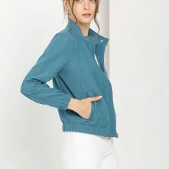 Allegra K Women's Faux Suede Stand Collar Concealed Placket Pockets Short Bomber Jacket 17 Allegra K Women's Faux Suede Stand Collar Concealed Placket Pockets Short Bomber Jacket