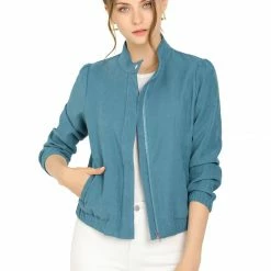 Allegra K Women's Faux Suede Stand Collar Concealed Placket Pockets Short Bomber Jacket