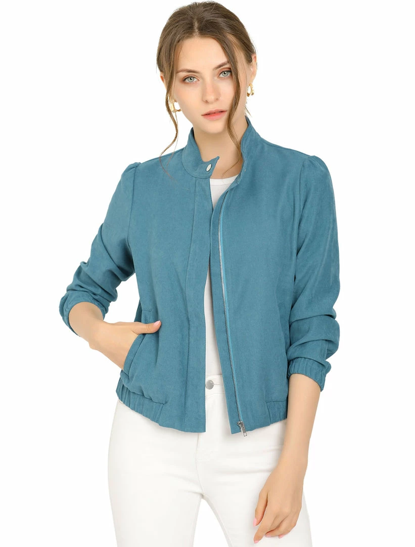 Allegra K Women's Faux Suede Stand Collar Concealed Placket Pockets Short Bomber Jacket 3 Allegra K Women's Faux Suede Stand Collar Concealed Placket Pockets Short Bomber Jacket