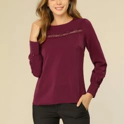 Allegra K Women's Office Long Sleeve Crew Neck Lace Inset Blouse Shirt