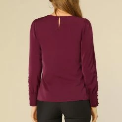 Allegra K Women's Office Long Sleeve Crew Neck Lace Inset Blouse Shirt